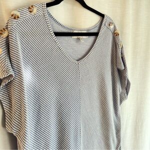 French Laundry Blue & White Pinstripe Top Buttons on Shoulders & Ruching, Sz XL